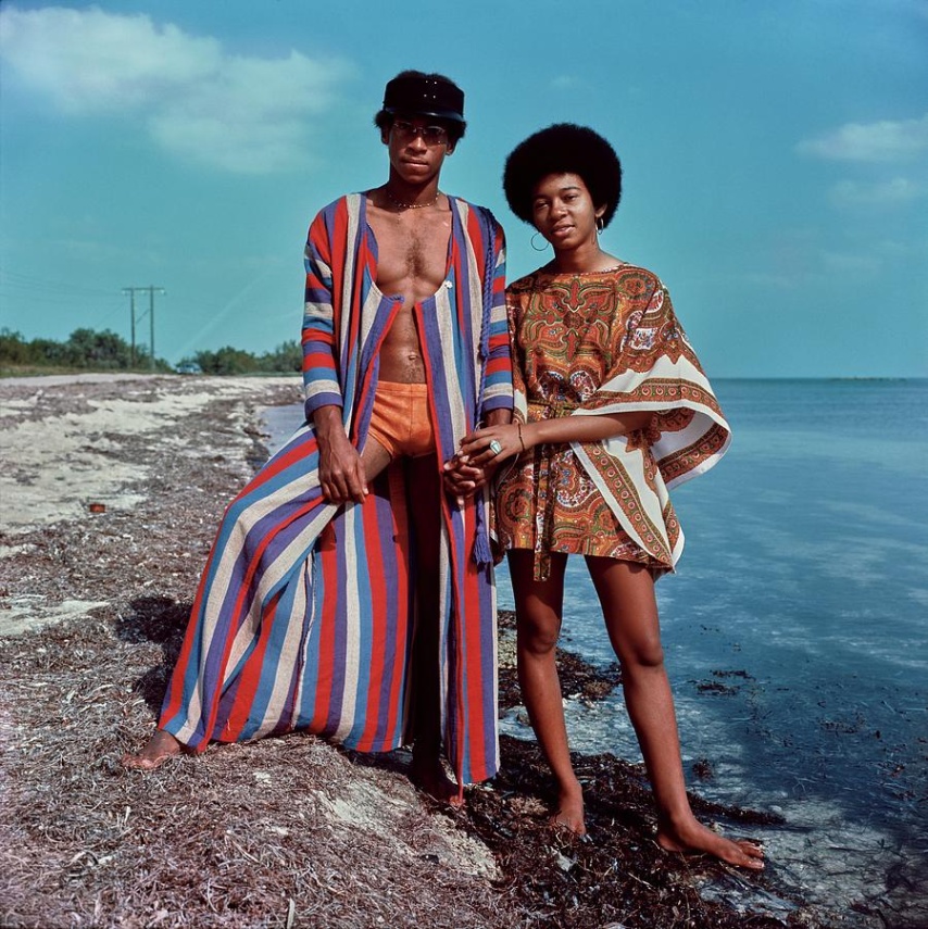 70s beach fashion Bulan 3 Models In Caftans On The Beach by Peter Hujar