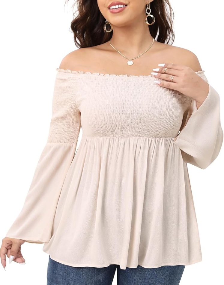 fashion tops for women Niche Utama Home Pinup Fashion Women Plus Size Off The Shoulder Tops Beige Bell
