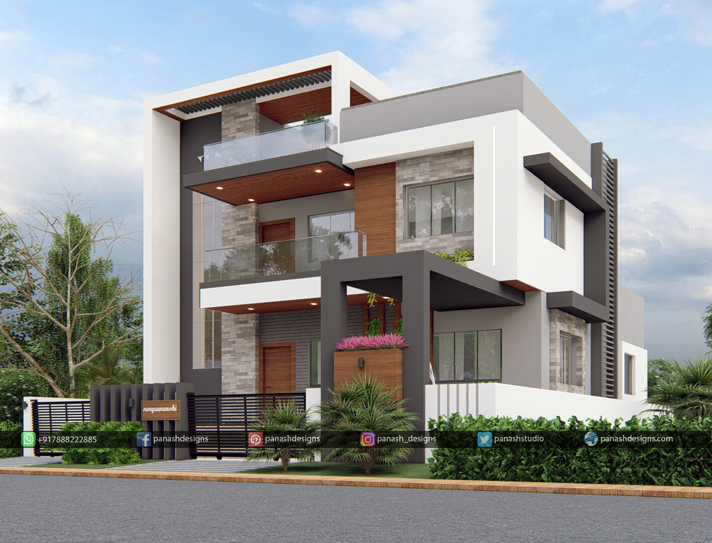 Modern architecture house ultra bungalow contemporary elevation 3d designs india building compound residential wall front rendering homes plans night exterior